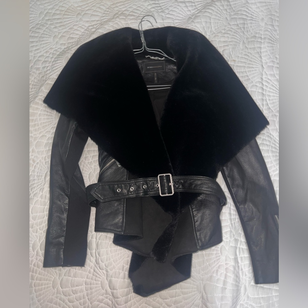 BCBG Max Azria Summer Faux Fur Shearling Black Leather Wrap Shawl Coat Jacket